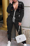 Casual Patchwork Sequined Zipper Collar Long Sleeve Two Pieces