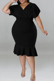 Casual Solid Patchwork Flounce V Neck One Step Skirt Plus Size Dresses