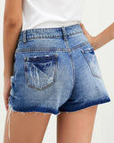 Pocket Design Raw Hem Ripped Denim Shorts