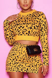 Fashion Long Sleeve Knitted Yellow Leopard Print Two Piece Suit