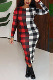 Fashion Casual Plaid Red And White Long Sleeve Dress