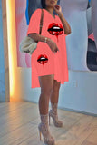 Fashion Casual Lips Printed Slit V Neck Short Sleeve Two Pieces