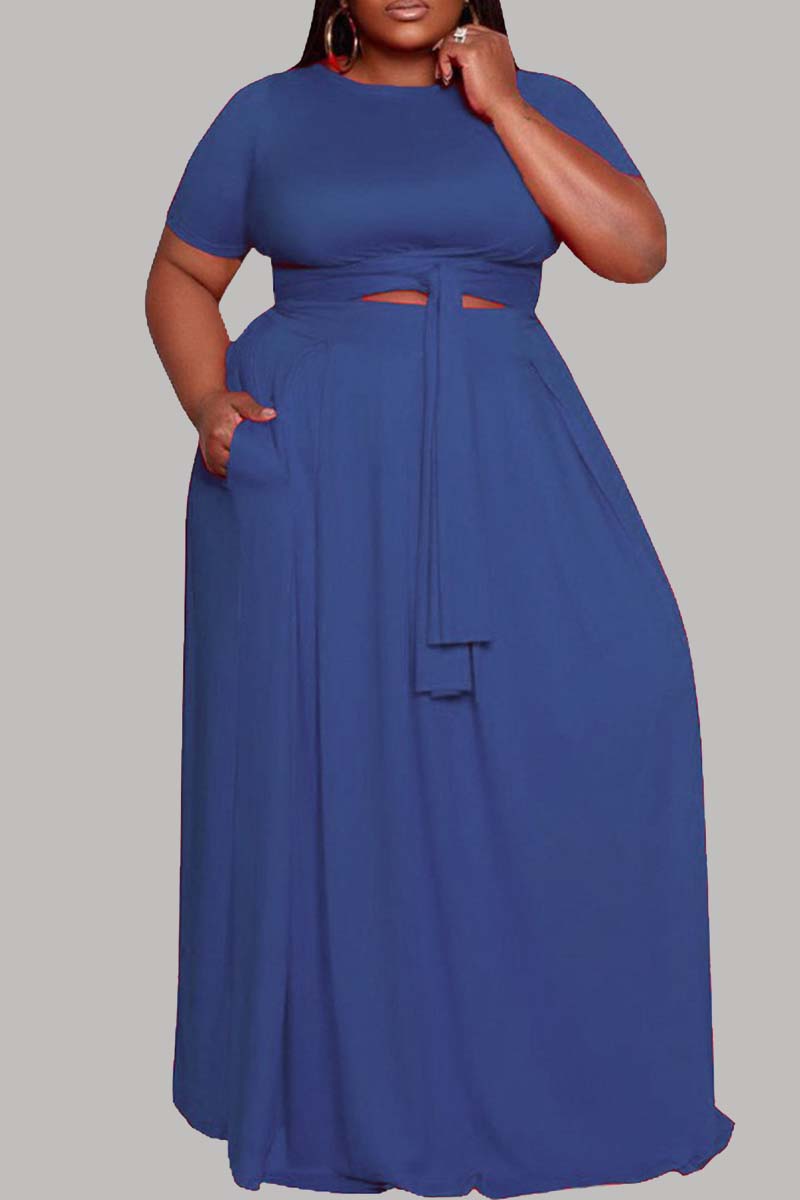 Fashion Casual Plus Size Solid Hollowed Out O Neck Short Sleeve Dress