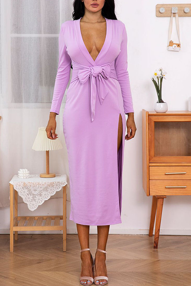 Sexy Solid Split Joint High Opening With Bow V Neck Straight Dresses