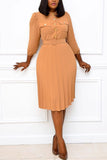 Fashion Casual Regular Sleeve Three Quarter Mandarin Collar Pleated Knee Length Solid Dresses