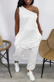 Casual Solid Backless One Shoulder Sleeveless Regular Jumpsuits