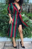 Casual Striped Long Multicolor Twilled Satin Coat