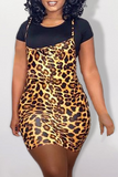 Sexy Leopard Split Joint O Neck Pencil Skirt Plus Size Dresses