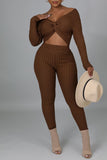 Sexy Solid Split Joint Knotted V Neck Long Sleeve Two Pieces