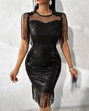 Sheer Mesh Patch Tassel Design Sequin Dress