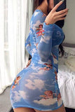 Sexy Fashion Print Light Blue Long Sleeve Dress
