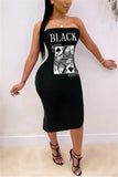 Fashion Sexy Casual Black Sleeveless Wrapped chest Hip skirt Mid-Calf Print Dresses