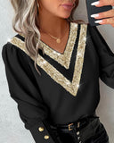 Contrast Sequin Buttoned V Neck Top