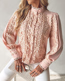 Contrast Lace Stand Collar Buttoned Top