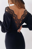 Fashion Sexy Solid Backless V Neck Long Sleeve Dress