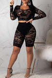 Lace Elastic Fly Long Sleeve Mid lace perspective Hooded Out Asymmetrical Capris  Two-piece suit