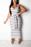 Polyester Sexy Fashion Tank Sleeveless Slip Step Skirt Ankle-Length Patchwork Striped Print  Casual