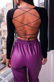 Sexy Backless Lace Up Long Sleeve Black Tops