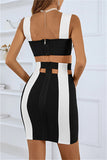 Sexy Patchwork Hollowed Out Backless Square Collar Sleeveless Two Pieces