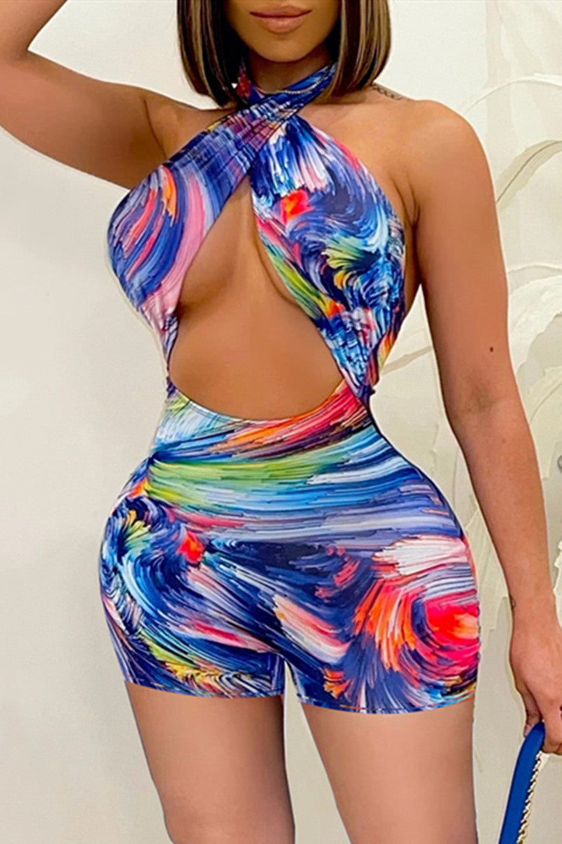 Fashion Sexy Print Hollowed Out Backless Halter Skinny Romper