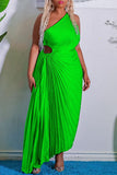Casual Solid Hollowed Out Backless Pleated Oblique Collar Long Dress Dresses