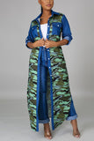 Fashion Casual Camouflage Print Split Joint Turndown Collar Long Sleeve Dress