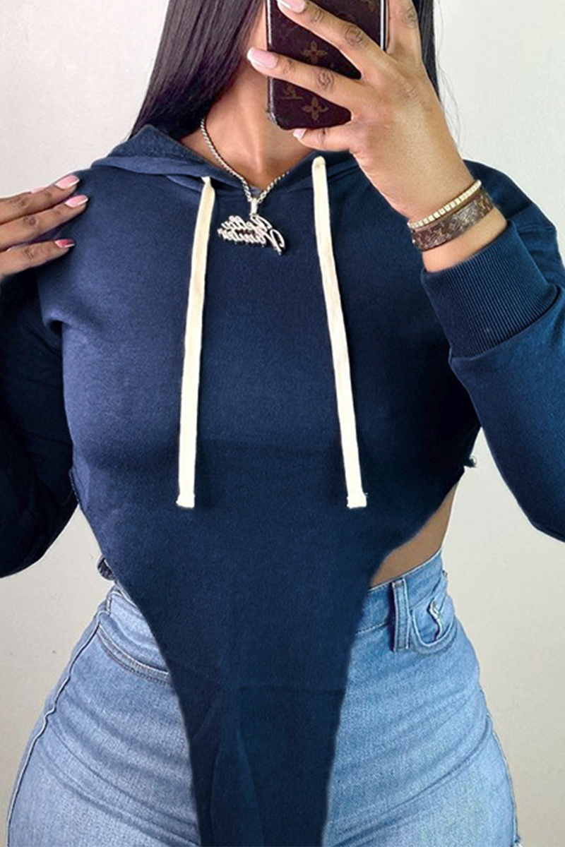Casual Solid Split Joint Hooded Collar Tops