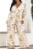 Casual Print Bandage Split Joint With Belt V Neck Straight Jumpsuits