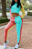 Casual Color Block Split Joint O Neck Long Sleeve Two Pieces