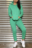 Fashion Sports Solid Color Hooded Green Long-Sleeved Two-Piece Suit