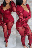 Fashion Sexy Mesh Wine Red Beaded Jumpsuit