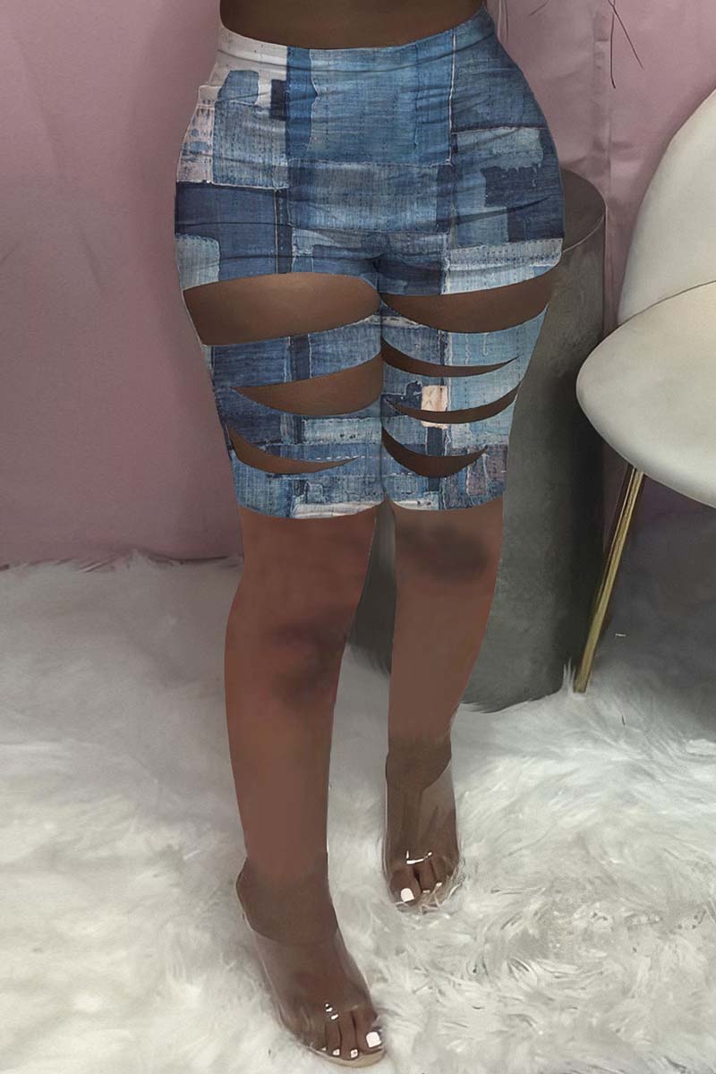 Fashion Casual Print Ripped Skinny High Waist Shorts