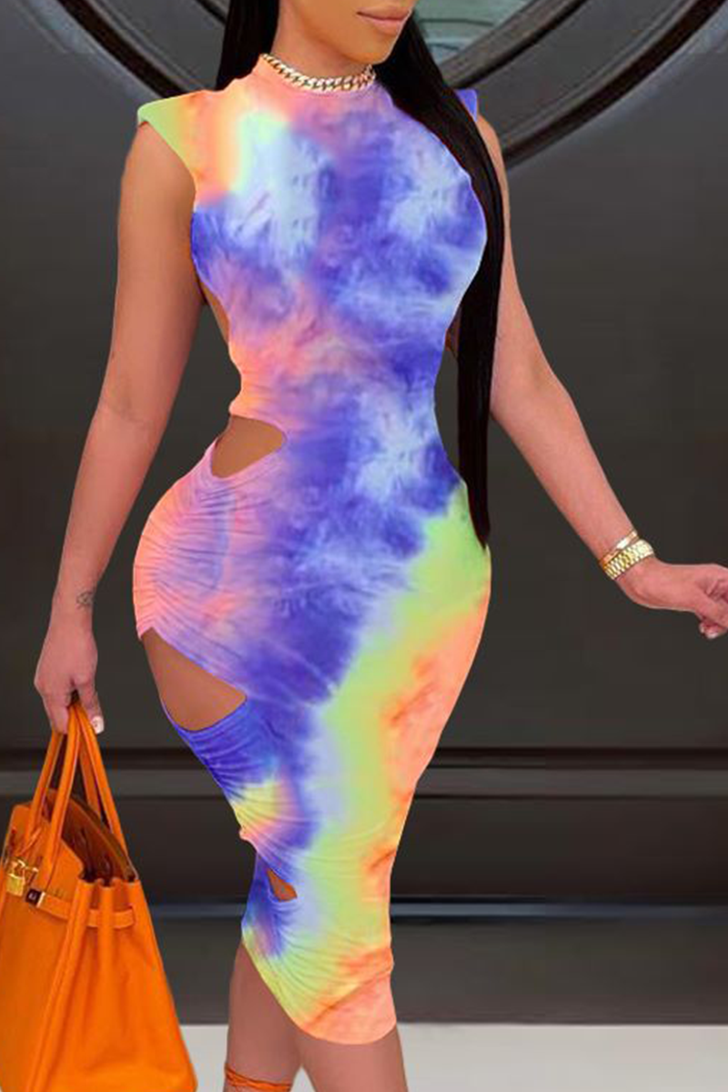 Sexy Patchwork Hollowed Out Tie-dye Half A Turtleneck Pencil Skirt Dresses