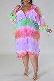 Casual Plus Size Gradual Change Print Patchwork Turndown Collar Shirt Dress (Subject To The Actual Object )
