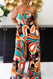 Casual Print Bandage Split Joint Strapless Straight Jumpsuits