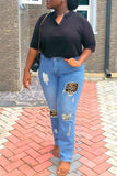 Fashion Casual Patchwork Leopard Ripped High Waist Regular Denim Jeans