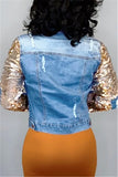 Turndown Collar Sequin Patchwork Hole Solid The cowboy Pure Long Sleeve