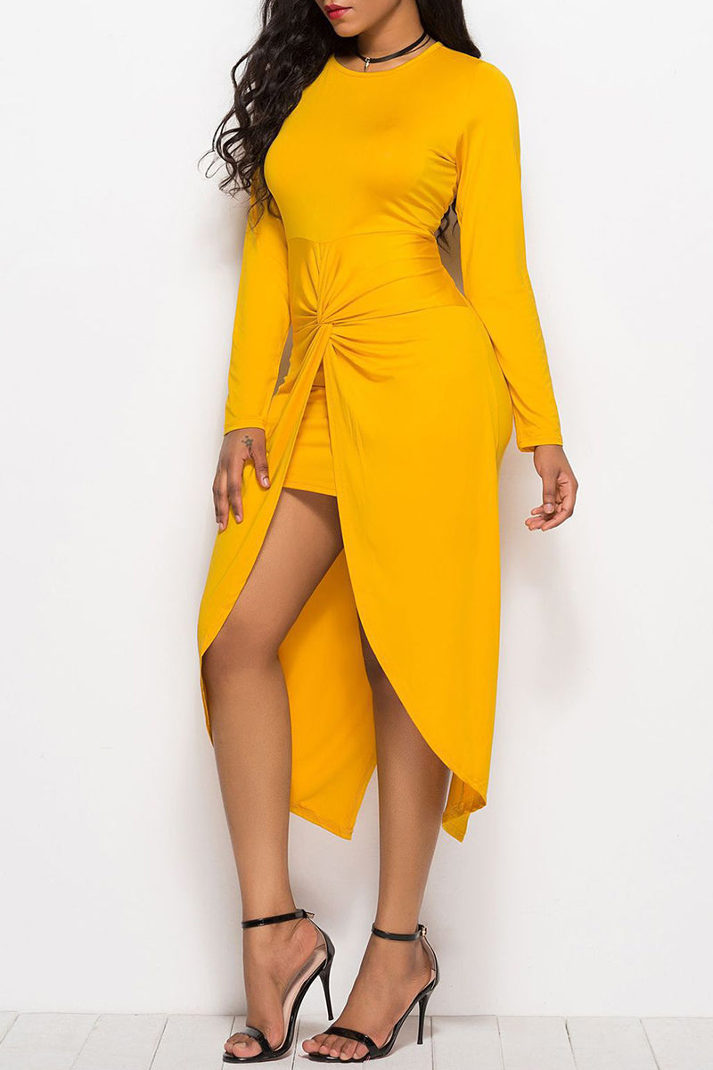 Fashion Casual Solid Split Joint Asymmetrical O Neck Long Sleeve Dresses