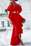 Sweet Hubble-bubble Sleeves Flounce Design Red Ankle Length Dress