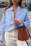 Fashion Casual Striped Print Cardigan Turndown Collar Tops