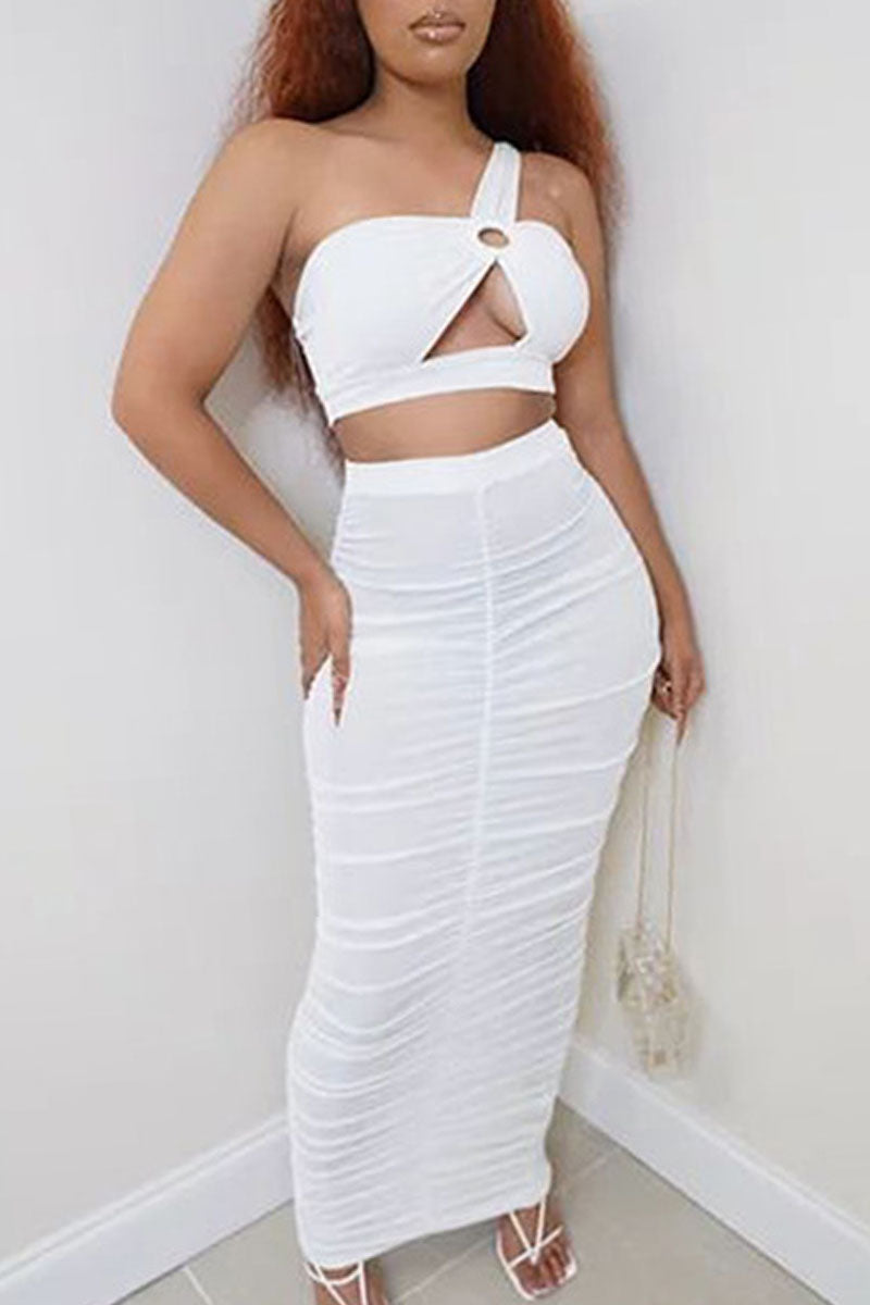 Sexy Solid Hollowed Out Split Joint Fold One Shoulder Sleeveless Two Pieces