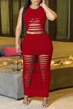 Sexy Solid Ripped O Neck Sleeveless Two Pieces