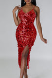 Sexy Elegant Solid Sequins Patchwork High Opening Zipper Spaghetti Strap Evening Dress Dresses