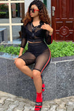 Network Sexy Solid Mesh Patchwork Two Piece Suits pencil Long Sleeve Two-Piece Short Set