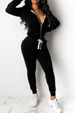 Fashion Casual Zipper Hooded Sports Black Two-Piece Suit