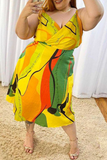 Sexy Print Split Joint Spaghetti Strap Waist Skirt Plus Size Dresses