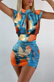 Fashion Sexy Print Hollowed Out Fold Turtleneck Denim Dress
