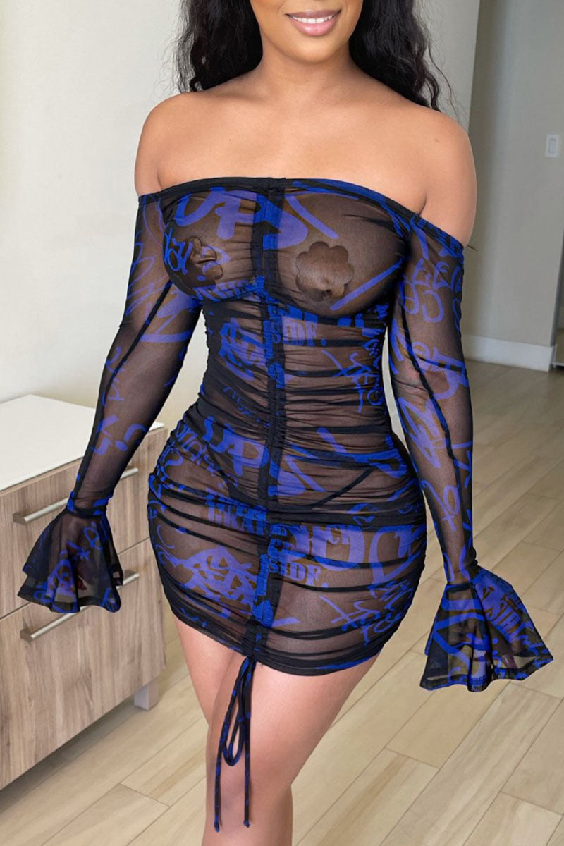 Sexy Print See-through Mesh Wrapped Skirt Dresses
