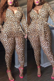 Fashion Large Size Leopard Printing Long Sleeve Jumpsuit