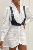 Casual Street Solid Split Joint Buckle Fold Turndown Collar Shirt Dress Dresses(Contain The Belt)